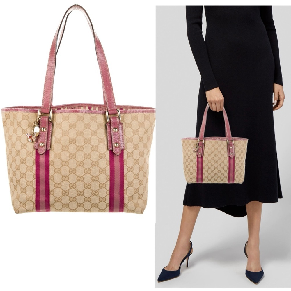 Gucci Authentic Pink Tan brown monogram GG Canvas Jolicoeur tote bag purse